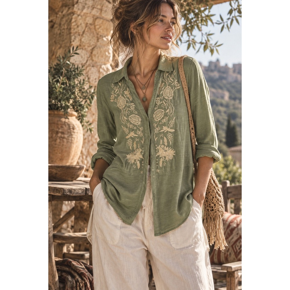 Soft Surroundings Sage Green Embroidered Floral Button Down Tunic Top XS